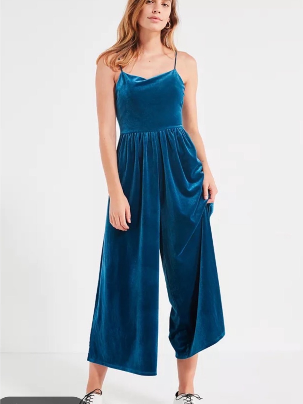 Urban Outfitters Teal Velvet Wide-Leg Jumpsuit